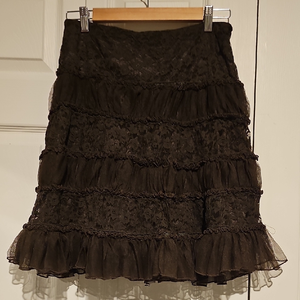 Brown Tiered Lace knee length Skirt